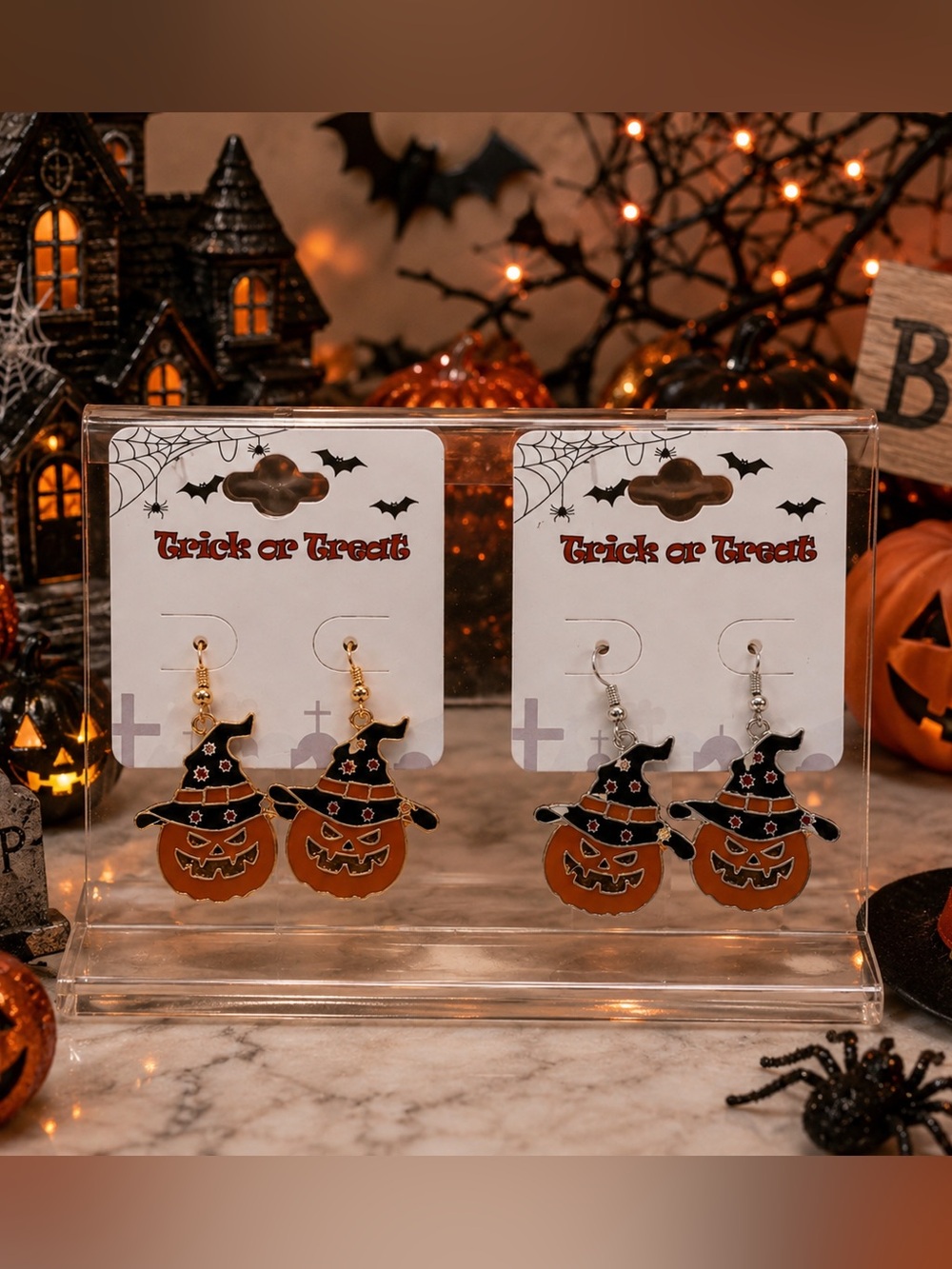 Halloween Jack-O'-Lantern Witch Hat Dangle Earrings - Orange & Black 2 pairs